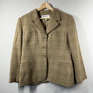 Jones New York Women's Lambswool Tan Green Plaid Blazer Size 12P